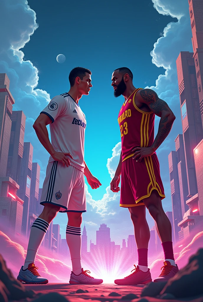 Create a photo of Cristiano Ronaldo footballer with LeBron James basketball anime , action and aesthetic
