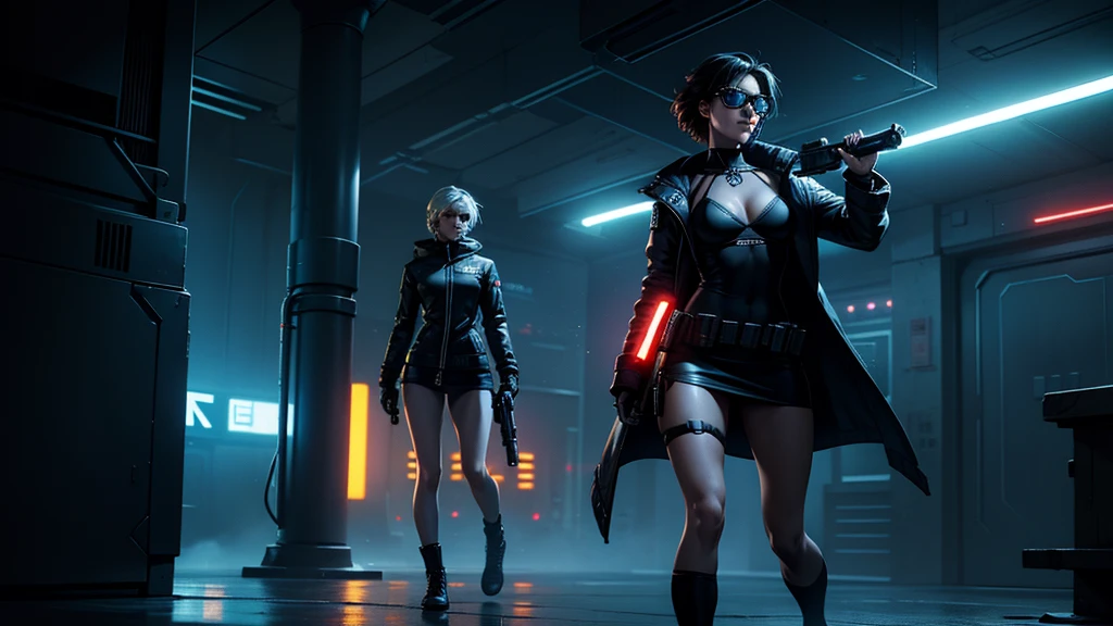 cyberpunk-style city with a nocturnal vibe with Star Wars-like aesthetic references. At night, (1girl, solo, alone), medium-breast slim:0.6 body, oval:0.5 face, cleavage:1.1, sexy black laced bra, miniskirt, white laced panty, coat, (black micro sunglasses), (holding a short gun), (slightly leaning forward running pose), (half-body thigh level medium shot), cinematic lighting, ray tracing.