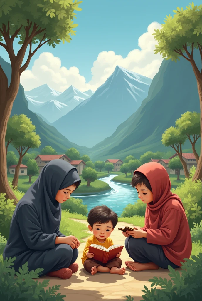 A small village and a beautiful, very young  who has a brother student and mother in hijab. They read the book and follow along beautifully. This student goes to school. This  and the village are very beautiful. The majestic trees, the towering mountains, and the running water.