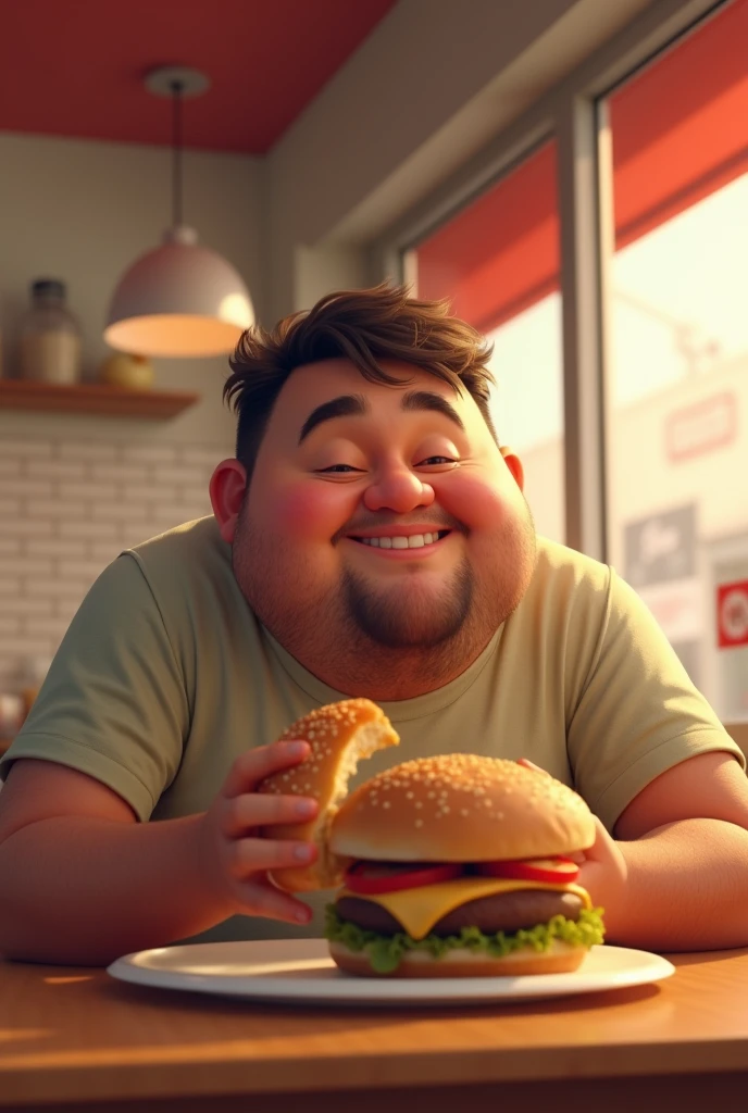 A chubby man with a round face, wearing a casual T-shirt, is sitting at a table in a cozy fast food restaurant. He’s holding a large, juicy burger with a bite taken out of it, and his eyes are half-closed in satisfaction. As he chews, a small, playful burp escapes his mouth, causing him to slightly grin. The background is warm and inviting, with soft lighting highlighting the man's content expression and the delicious food in front of him. The scene captures the light-hearted moment of indulgence and enjoyment.