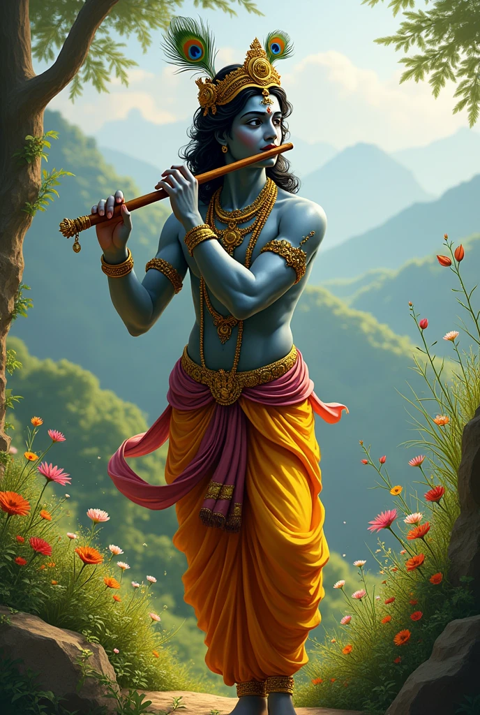 Image of lord radha with flute and morpankh on a lush green landscape