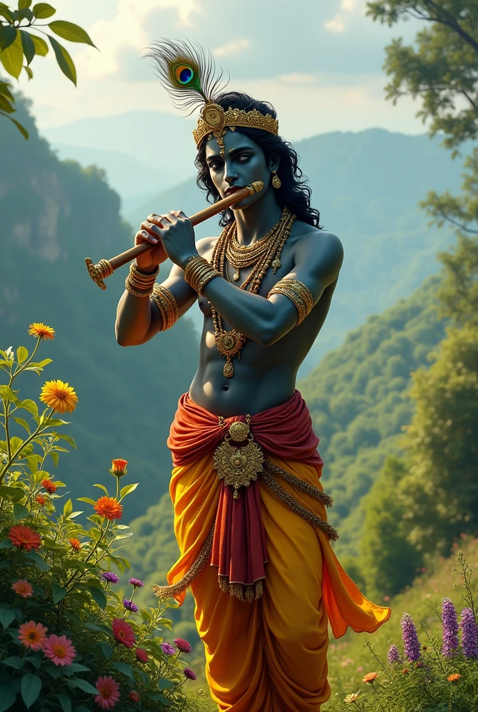 Image of lord radha with flute and morpankh on a lush green landscape