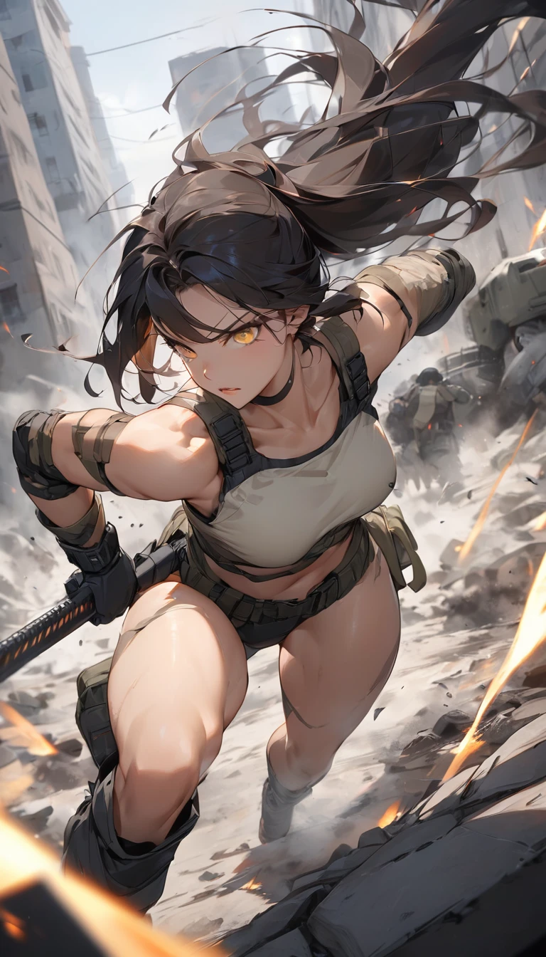 attractive tactical girl with golden eyes and dark hair wearing nothing. nude naked. back view. She should have a confident and fierce expression, highlighting her agility and strength. The background should depict an urban or battlefield setting, adding a sense of intensity and action. Emphasize her readiness and combat skills while maintaining an alluring appearance. Tactical, Female Warrior, Urban Combat, Action, Intensity, Battlefield.