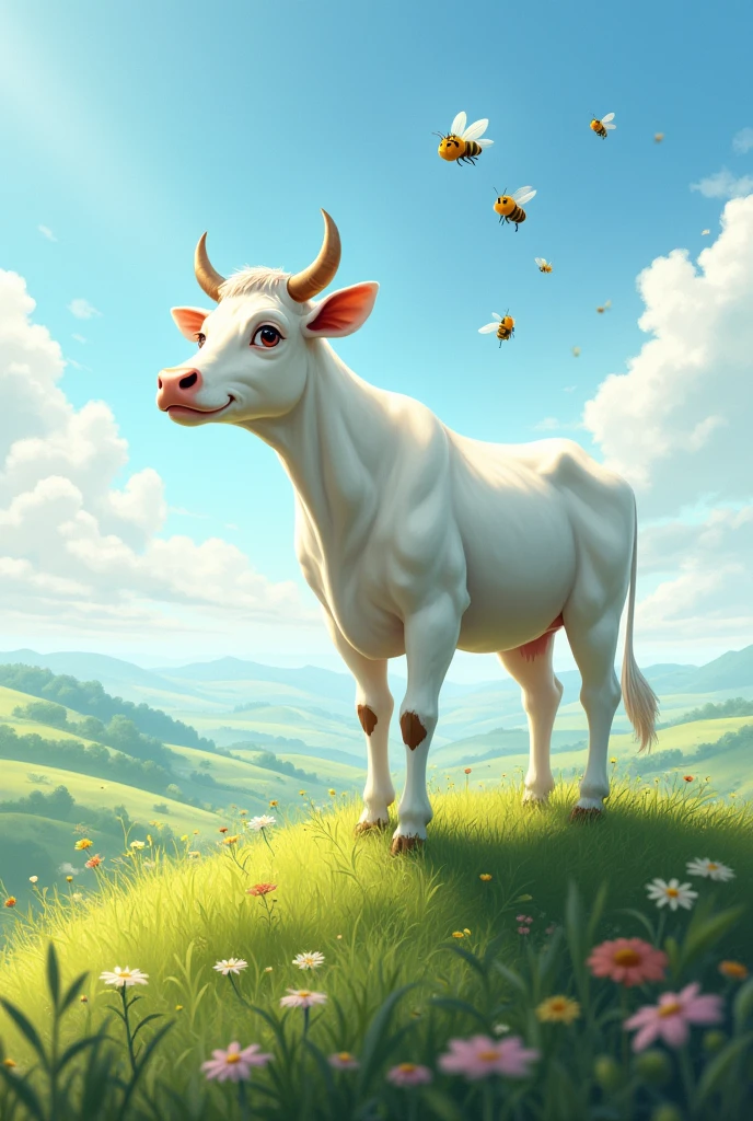 A beautiful white female cow stands over the summit and bees fly over the cow 