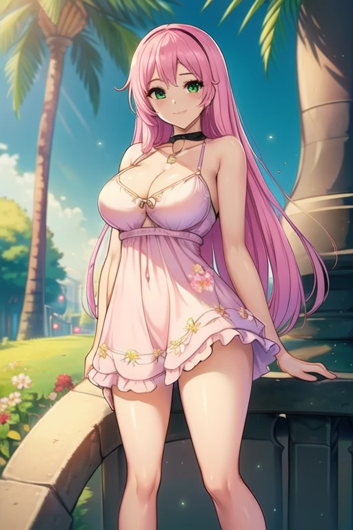 1 girl, 1, Long pink hair, green eyes , master-piece, best quality, (standing up), (short dress), (floral, spaghetti strap, short pink summer light pink dress), (Big , ultra gigantic , Super super big, Glamorous body), Make eye contact with the camera, front figure, looking forward, (light_Smile:1.5), (Detailed hands and fingers:1.2) (In the sunny park), (FULL BODYSHOT), thighs thighs thighs thighs、beauty legs、Bare legs