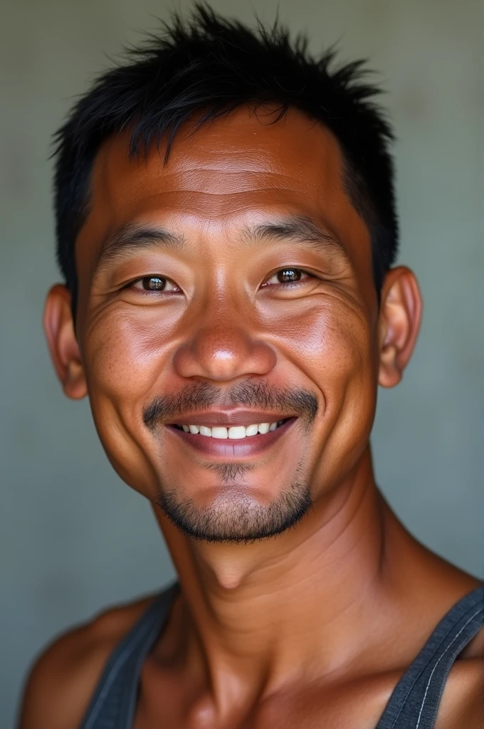Create a realistic Facebook profile picture of Mark Ah Chee from Milne Bay Province of Papua New Guinea. He is chubby and has reddish dark skin, is clean shaven, and has shorter hair. In his early 40's. 5th generation Papua New Guinea. He looks more Papua New Guinea than Chinese but still has slight Chinese facial features in his eyes, big forehead, and rat round face, with very short hair.