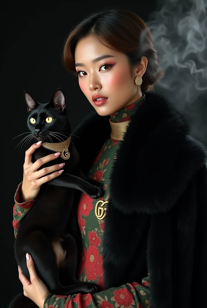 beautiful japanese woman wearing nude hijab and tanned skin, wearing designer black glitter fur coat, and Gucci signature floral turtle neck satin dress (Dark green, red, gold), thick eyebrows, photorealistic, masterpiece, moncle, open coat, pouting lips, pouting, blank black background with smoke and good lighting, holding black sphinx cat with gold collar