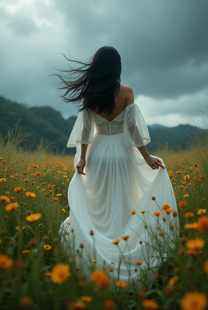 Wild meadow with wild flowers swaying in the middle of a wild storm with dark and gloomy sky, wet grass, and low and dense storm clouds, in the middle is a beautiful Indonesian woman with long and messy black hair wearing a very beautiful white wedding dress fluttering in the wind, close up, dynamic pose