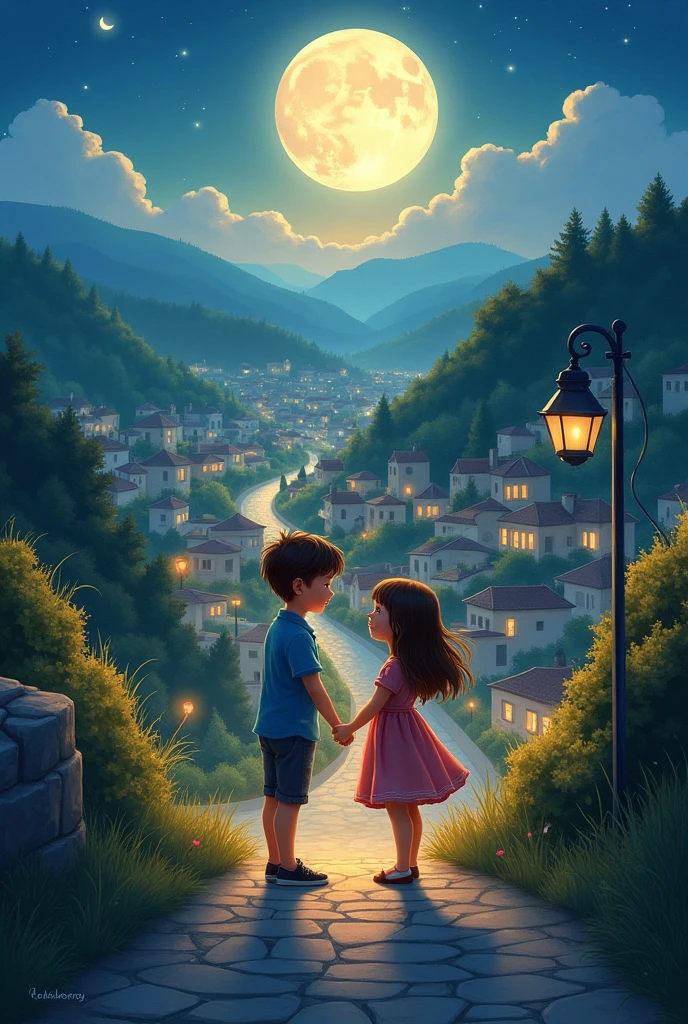 A boy and a girl holding hands on an uphill street staring at each other at the top of the hill and the moon shining in the sky and from the uphill street below you can see the town covered by houses  