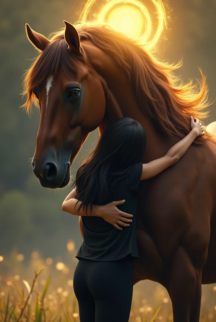 One girl is hugging a horse The girl has her back. turned Her hair is visible. She is wearing a black shirt and black pants .Her hair is black. Yellow cakra are spinning over the horse's.the chkra is horse powr . head They are a real life horse and a girl.