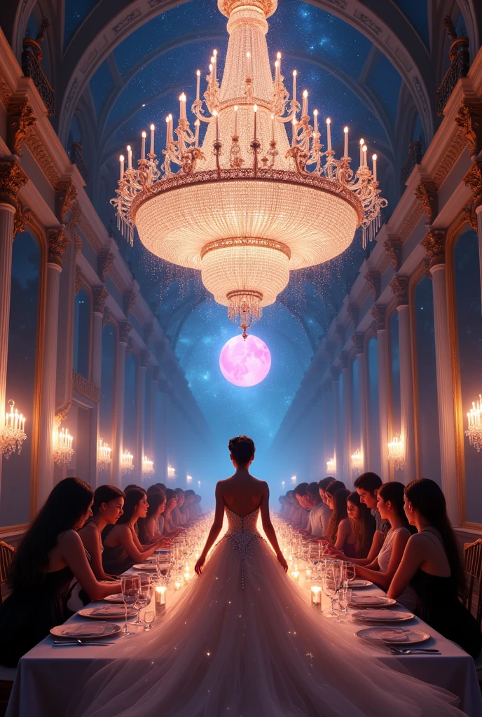 A tremendous god々Shi　Big beautiful chandelier　Number 10 in a heart at the bottom(((((((Central 10))))))　((((((((Number 10)))))))) Celebration Time　The flow of time lives with music in memories　Soft Light　Dinner at the Palace of Versailles　Hall of Mirrors　A beautiful pink moonlit night dinner party with no one around　The magic of the full moon shining in the dark night　A starry sky　Another dimension, a mysterious pink color　(((((((No people in sight))))))  The sparkling little feathers and stardust are beautiful.　The beautiful woman everyone admires wears a gorgeous dress studded with jewels.　Beautiful 8K images　Highest quality images　Dinner for one　On a long dinner table