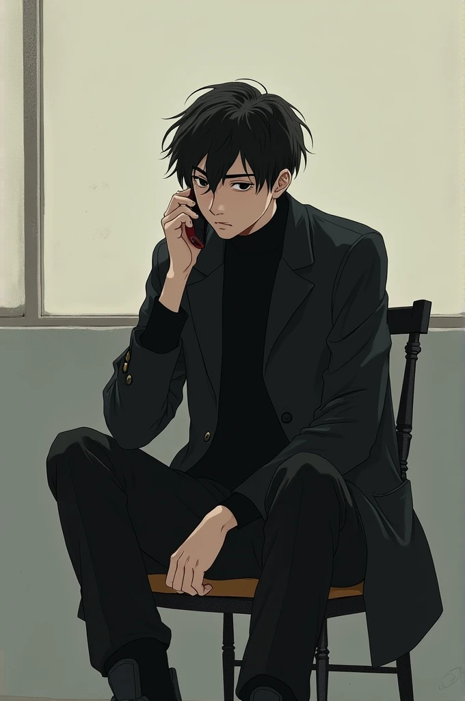 A boy sitting on chair wearing black coat pant black calling on phone
