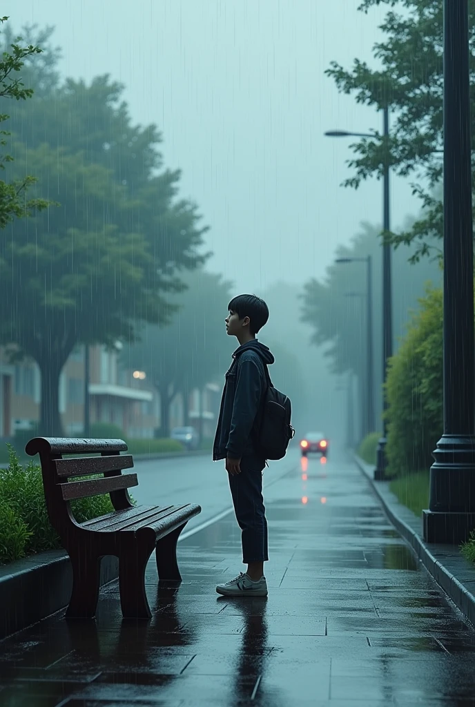 Sky rain and a person stand near the banch  and waiting for his car