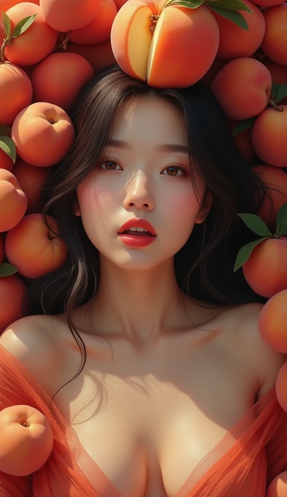 Beautiful Chinese woman in her 30s。Facing the front, the mouth is wide open。The expression is、Sexually lewd expression。On his head he wears a large peeled peach.。The chest is wide open。There are peaches all around。Covered in peaches。