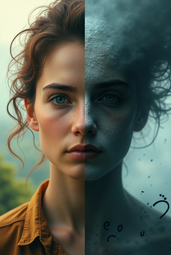 Create a split image with a face in the center. The right side depicts a negative side of something and the left side a positive one.” Like a juxtaposition make it easier to draw