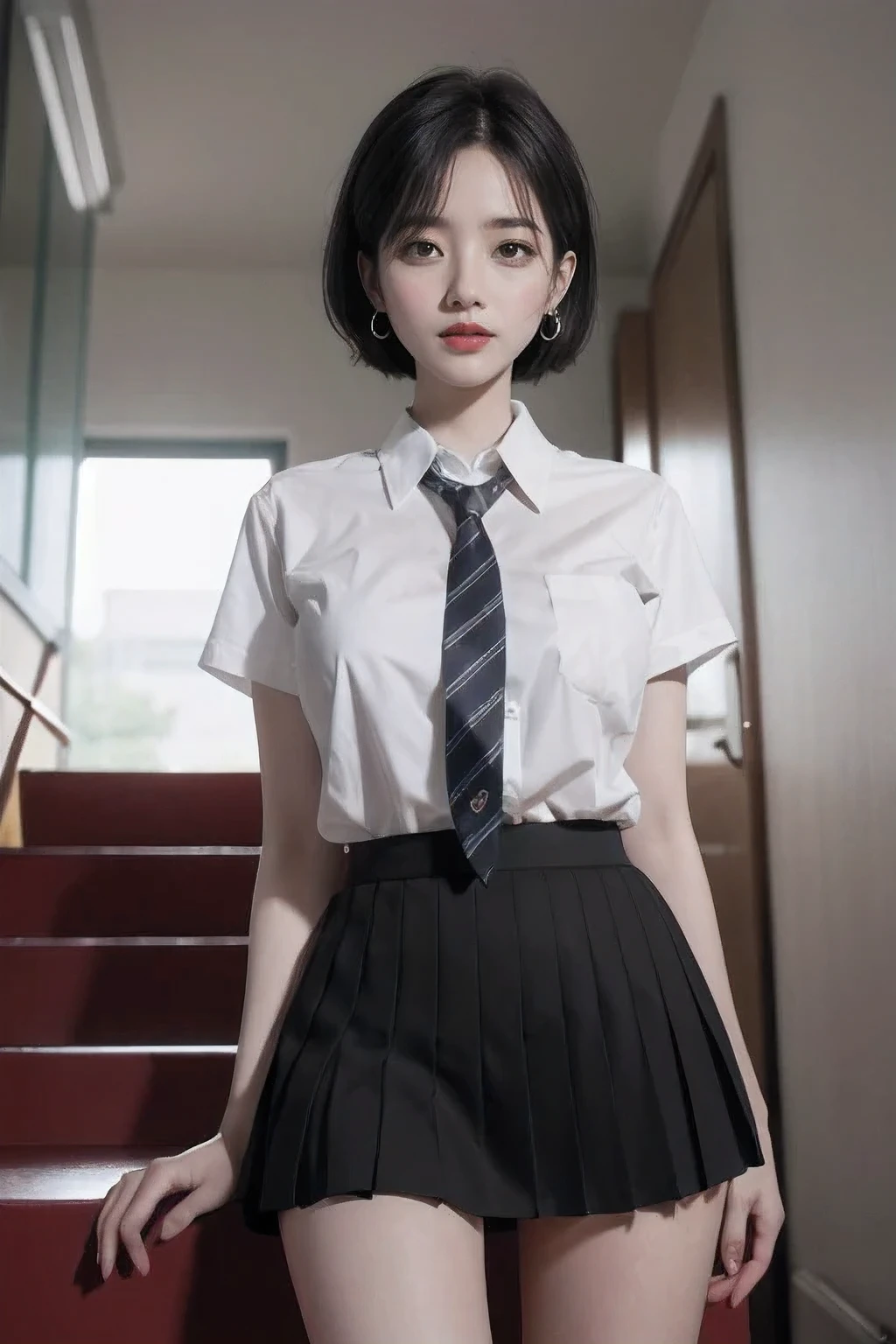 Korean School Uniform, Summer School Uniform Shirt, Ribbon Tie, Skirt, School Classroom, School Stairs, Chest Thrusting Pose, Breast Showing Pose, 8K RAW Photo, High Resolution, Cool Korean, Very Big Round Breasts, Beautiful Eyes in Detail, Long Eyelashes, Beautiful Double Eyelids, Eyeshadow, Eyeliner, Cut Eyes, Elongated Eye Shape, Sanpaku Eyes, Evil Smile, Evil Expression, Beautiful very thin legs, beautiful very thin thighs, random short hair, hair tied behind the head, earrings, bright blonde, gray eyes