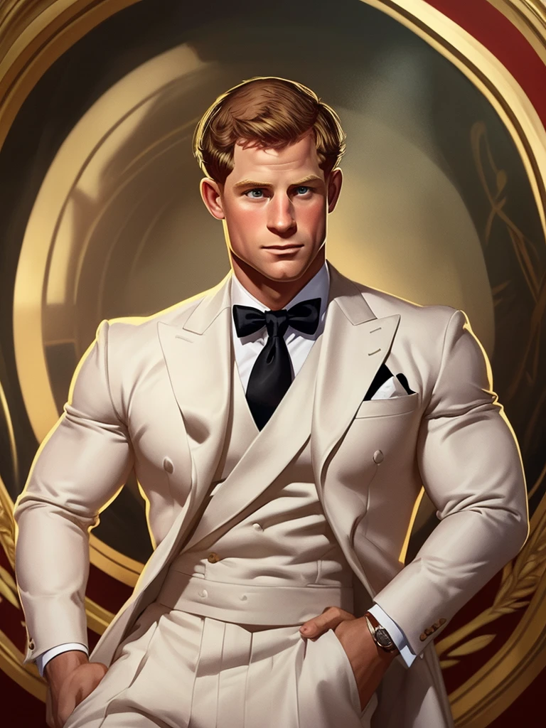 lustration in Leyendecker style : Muscular and pumped-up Prince Harry as James Bond , Agent 007, in an expensive suit