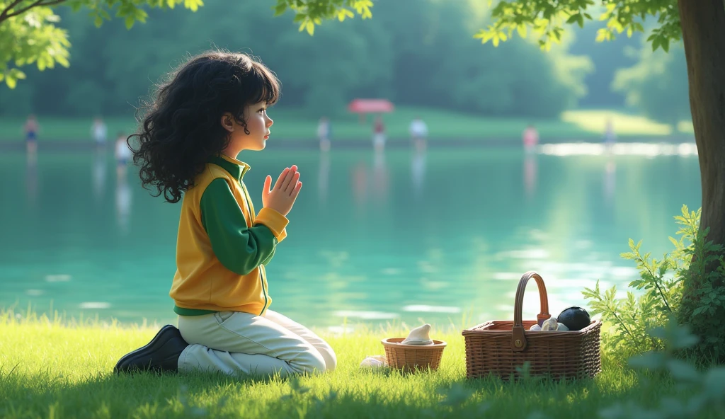 A schoolgirl in prayer, beate white schoolgirl coat pants, and yellow tracksuit jacket and green sleeves, she has black curly hair , she is kneeling on the lawn next to the picnic basket hyper realism, in the background a lake and the boys out of focus
