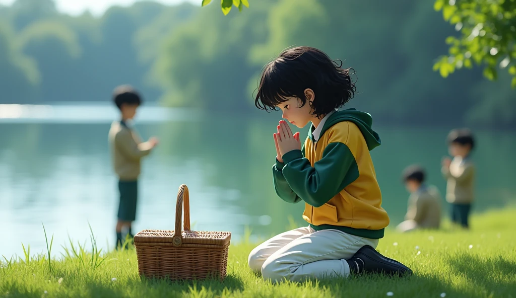 A schoolgirl in prayer, beate white schoolgirl coat pants, and yellow tracksuit jacket and green sleeves, she has black curly hair , she is kneeling on the lawn next to the picnic basket hyper realism, in the background a lake and the boys out of focus