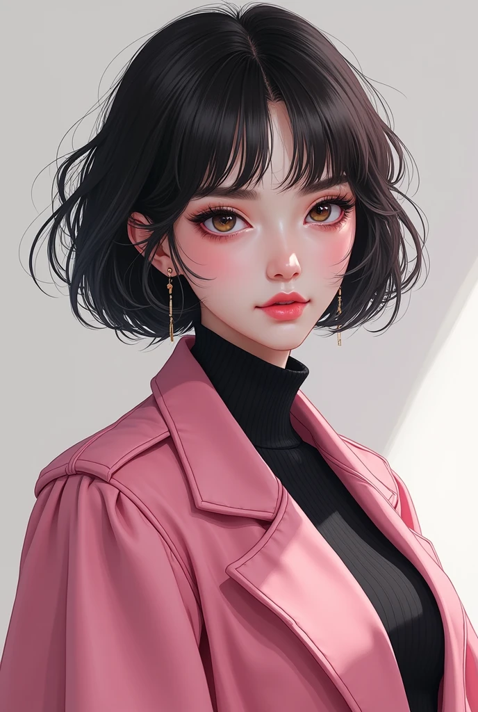 A beautiful tomboy girl in pink and black big doe korean eye wearing luxury without ear piercing and clear image eyebrow piercing