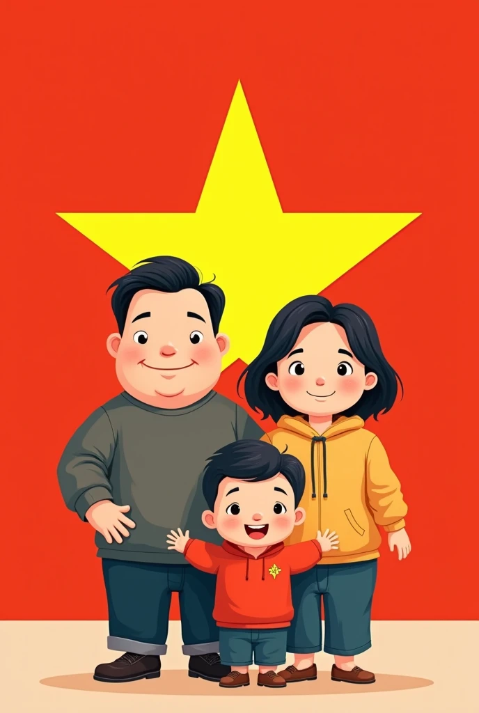 Create for me 01 chibi photo of a family of 4 people including a father, a chubby mother, a thin and smiling  son, an 18-month-old son with a high forehead. All stand in front of the national flag of Vietnam