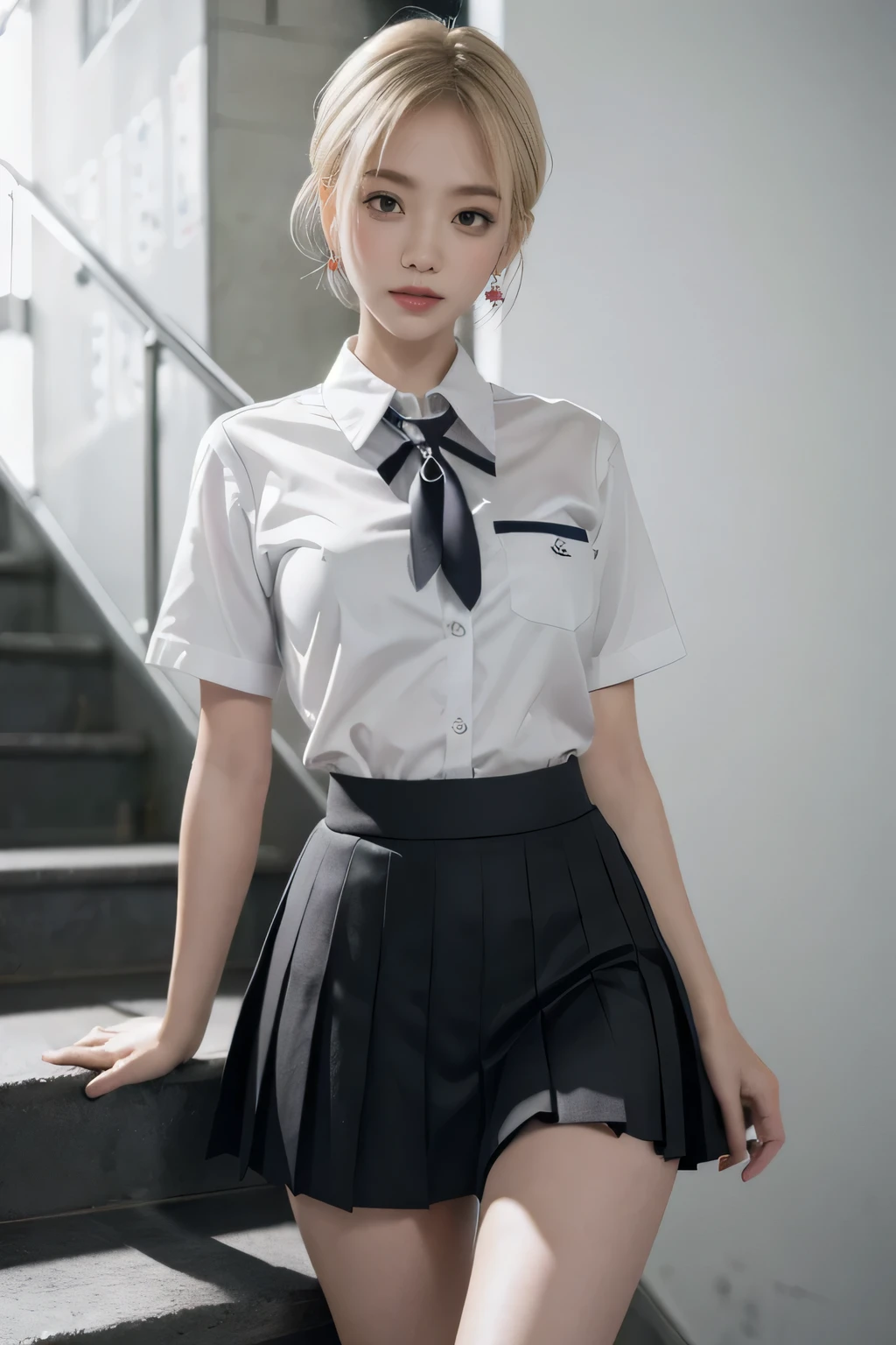 Korean School Uniform, Summer School Uniform Shirt, Ribbon Tie, Skirt, School Classroom, School Stairs, Chest Thrusting Pose, Breast Showing Pose, 8K RAW Photo, High Resolution,  Cool Korean, Very Big Round Breasts, Beautiful Eyes in Detail, Long Eyelashes, Beautiful Double Eyelids, Eyeshadow, Eyeliner, Cut Eyes, Elongated Eye Shape, Sanpaku Eyes, Evil Smile, Evil Expression, Beautiful very thin legs, beautiful very thin thighs, random short hair, hair tied behind the head, earrings, bright blonde, gray eyes