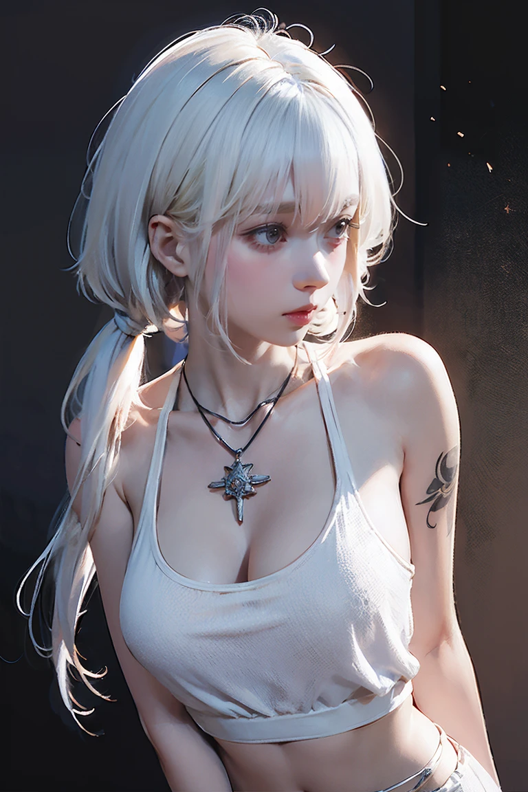 NSFW,((Woman with tattoo on chest)), , ((Short white hair with bangs, Black strands of hair)), Purple eyes, (White tank top and white mini skirt), Pendant around the neck. 超High resolution.Realistic. 超High resolution.Realistic:1.4,超High resolution. Realistic，High resolutionで, masterpiece, Highest quality, Very detailed, Better Shadows, Volumetric lighting), super high quality, High resolution, 8k, 超Realisticな肖像画 , Realistic, Dynamic Lighting, Volumetric lighting, Very detailed顔