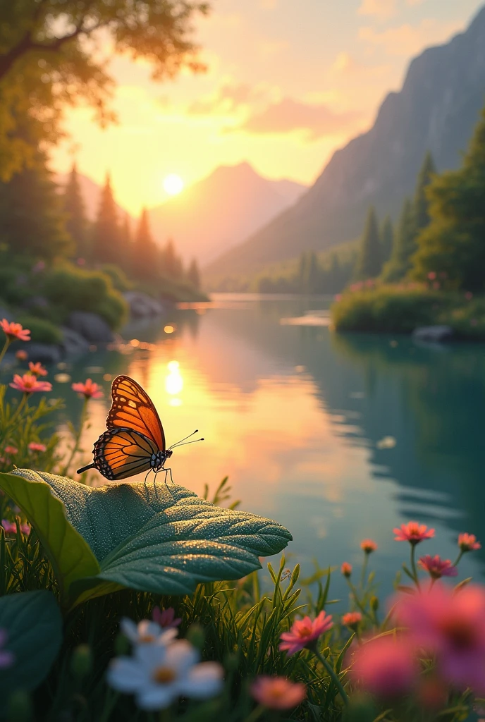 Sunrise over a calm lake. Close up of Dew on a leaf and a butterfly flutters past flowers. A stream flowing thorugh a forest . Sunset over mountain . The sky turns golden, fading into a deep orange hue