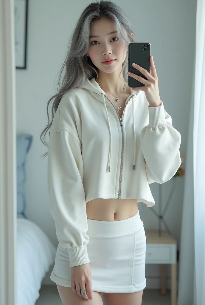 (nsfw:1.4), highly detailed, beautiful, hyper Realistic girl, masterpiece, best quality, Depict a mysterious and sophisticated beautiful Japanese gravure model,, 28-years-old, identity hidden, all body shot, / gray arranged hair, small head, Detailed face, cute and Pretty slim face, wide Duck mouth, half opened rips, perfect beautiful wide Tooth, arranged gray hair, shiny eyes, blue-colored eyes, Realistic skin, Detailed face, / large breasts, slim waist, large Buttocks, Bold exposure, /// Top: A white cropped hoodie made from soft, high-quality sweat material, cinched at the waist to reveal the navel. The hoodie is unembellished, with a high collar and zippered front, offering a clean and modern aesthetic.
Bottom: A knee-length, fitted skirt in matching white sweat material, designed for a sleek and simple silhouette.
Footwear: Sleek white ankle boots with subtle synthetic overlays and neon accents, blending comfort with a touch of futurism.
Accessories: A thin, simple silver necklace at the neck, complemented by delicate silver bracelets on the wrists and small silver stud earrings, all understated and refined to maintain the minimalist vibe. //// simple white single room, gray frame mirror, complicated background /// takes a selfie in her room using a smartphone in front of a mirror with one hand, standing and sexy Posing, all body shot, focus shoes, looking away from the camera,