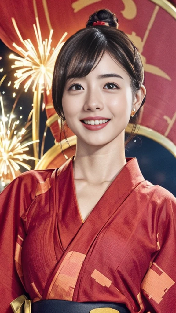(8k,Ultra-high resolution,Highest quality,masterpiece,Realistic,Ultra-high resolution,High-quality RAW color photos,Professional photos,Realistic,Realistic),Natural skin texture,Fine skin,Hyperrealism,Intricate details,Adult women,Eye highlights,Glossy Lips,(Cute smile,Black hair chignon),((gigantic breast,Big Breasts)),(((Peony pattern red yukata,geta))),(((Night Sky,Summer festival,firework,crowd)))Warm lighting