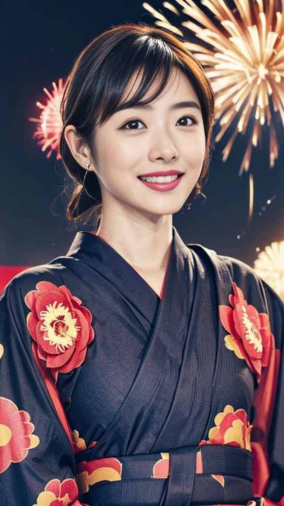 (8k,Ultra-high resolution,Highest quality,masterpiece,Realistic,Ultra-high resolution,High-quality RAW color photos,Professional photos,Realistic,Realistic),Natural skin texture,Fine skin,Hyperrealism,Intricate details,Adult women,Eye highlights,Glossy Lips,(Cute smile,Black hair chignon),((gigantic breast,Big Breasts)),(((Peony pattern red yukata,geta))),(((Night Sky,Summer festival,firework,crowd)))Warm lighting