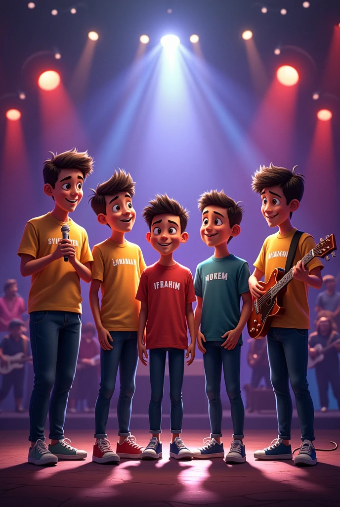 5 boys or 1 girl have a picture together and have their name written on the shirt of one boy name is Sylvester one boy name is Seruj one boy name is Jadeel and one boy name is Dawood one boy name is Ifrahim and The girl's name is Menahem and everyone is standing on a stage and singing or Ifahim is playing the drum and Jadeel is playing the guitar