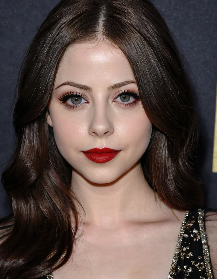 A waist-up portrait of a beautiful female whose facial features are a combination of Willa Holland + Michelle Trachtenberg. The female has lovely makeup on her face. The female wears red lipstick. Symmetrical eyes. Symmetrical face. Lovely details. Photorealistic. Full-colored photo. Professional photo. Highly detailed 8K.