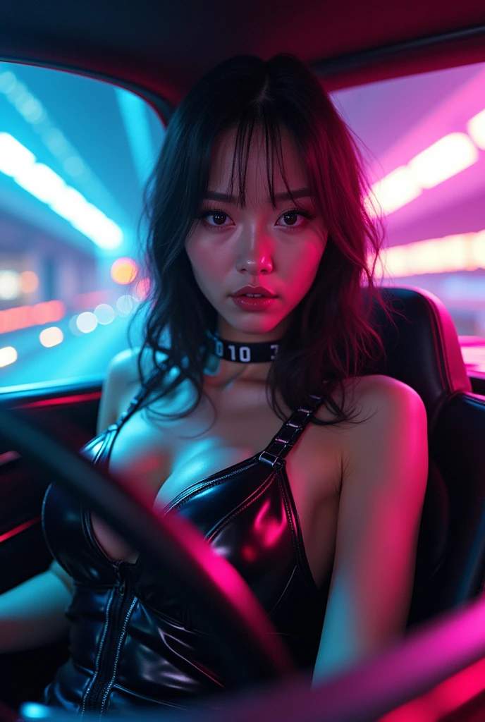 ultra-realistic, photorealistic, dramatic scene, (20 years old Japanese famous idol girl:1.5), Driving a cyber punk Maybach, running at a futuristic cyber punk high way, dynamic angle, masterpiece, (close up of the face:1.6), beautiful eyes, (wearing a cyber punk bodysuits with neon markers), very large breasts, beautiful face,