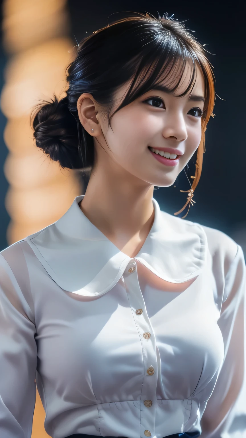 (8k, Highest quality, Genuine、 Ultra-high resolution:1.5),Beautiful Japanese Woman, ((Cute Smile)),(Updo), (Blouse with a large collar), A side profile peering into this, Close-up shot of face、