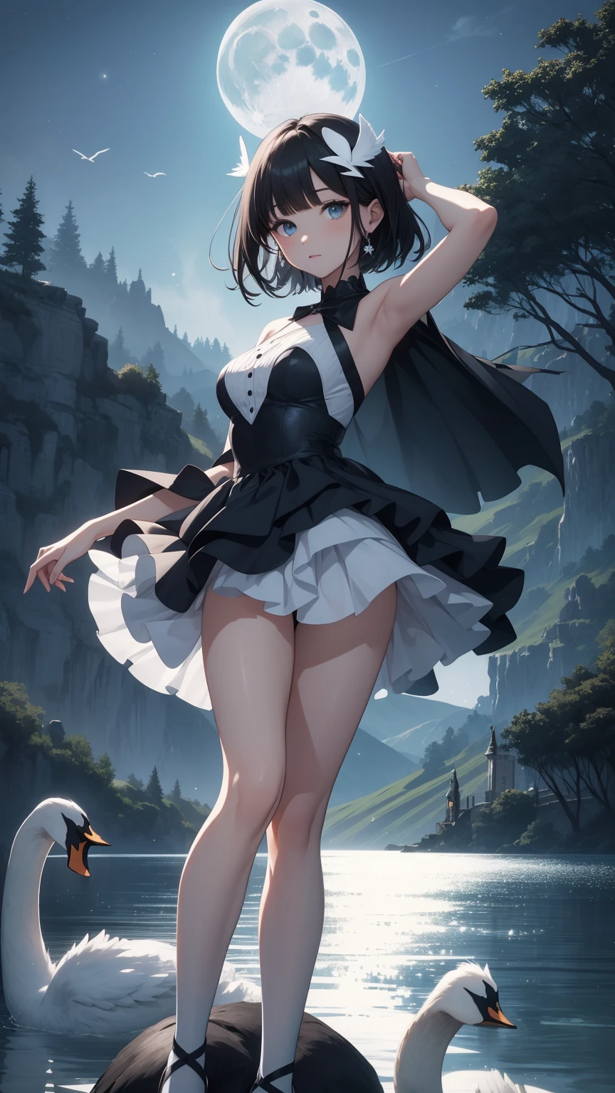 Highest quality, flying debris、Beautiful woman、Black Hair、(Dark blue eyes、Blunt bangs、Blunt bangs)、short hair、beginner,Full body portrait、break(Ballet Dancer、Ballet Dress、Tutu skirt:1.2)、break(((The lake of swan、Moonlit Night:1.3))),Big Breasts、((The fog is thick.))、BREAK((Black and light blue theme:1.2))