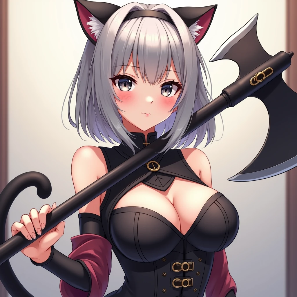 Anime style, masterpiece, greatest anatomy, detailed anatomy, 16YOgirl, 1girl, catgirl, bob style hair, gray color hair, gray eyes, Black cat ears with pink inside, detailed cat tail, round breast, sexy, light smile, blushed, look at viewers, collarbone, anime, medium Breasts,tits, hanging breast, Anime style, masterpiece, greatest anatomy, detailed anatomy, 16YOgirl, 1girl, catgirl, bob style hair, gray color hair, gray eyes, Black cat ears with pink inside, detailed cat tail, round breast, detailed cat ear, ring motif cat tail, leather chest plate, holding honshu karito battle axe with Sheath UC3401