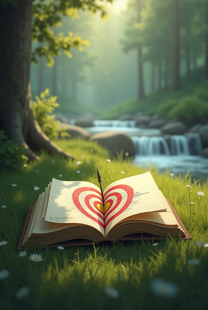 "An open book lies on a soft, green meadow. The pages reveal a hand-drawn archery target, its vibrant colors contrasting with the muted tones of the surrounding nature. A gentle breeze rustles through the nearby trees, carrying the soft sounds of a nearby stream."
