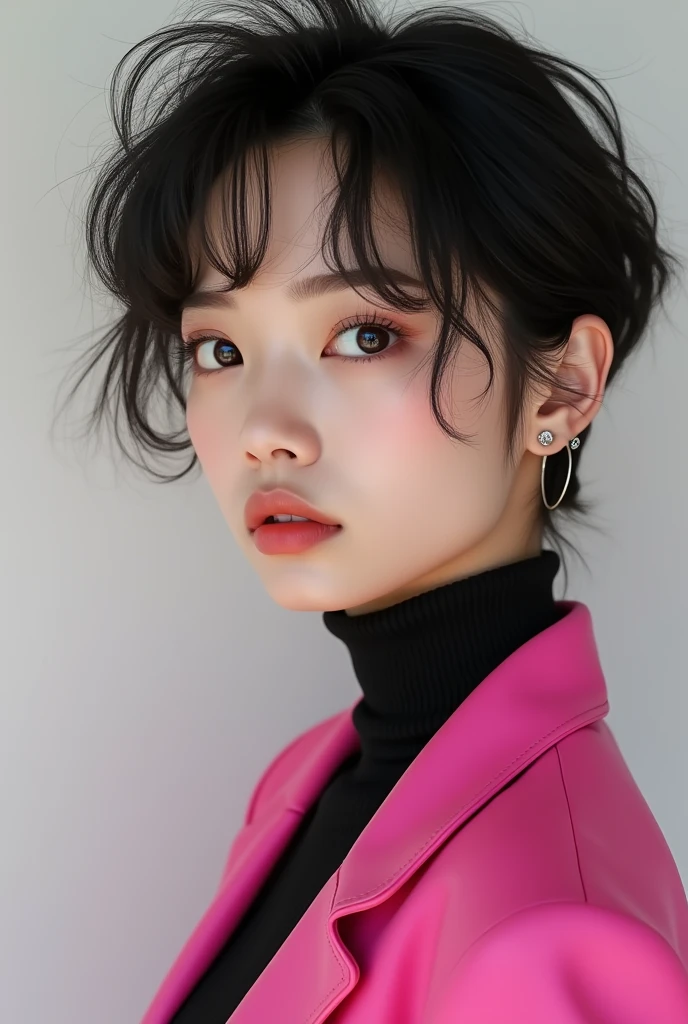 A beautiful tomboy girl in pink and black big doe korean eye wearing luxury without ear piercing and clear image eyebrow piercing look like real human