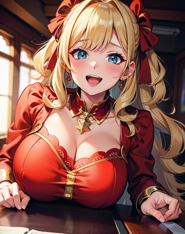 masterpiece, Highest quality, 4K, Young woman posing for photo, Blonde wavy curls, Red dress, Huge boobs, Laughter,