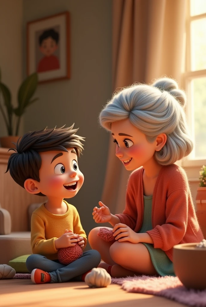 1 boy talking with his grandmother 3d cartoon 3d animation