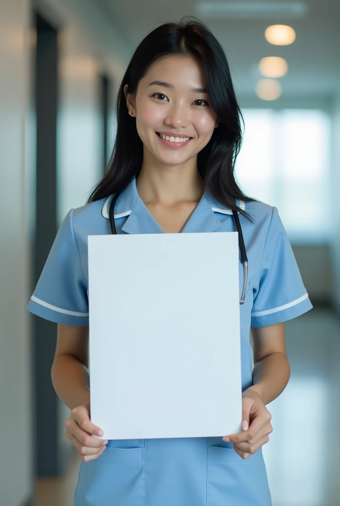 photograph, cowboy shot, woman holding A4 paper in front of waist doing a4 waist challenge, smiling beautiful Japanese female nurse wearing nurse uniform, slim hourglass figure, narrow waist, beautiful detailed face, black hair, pale skin, fair skin, realistic skin, detailed cloth texture, detailed hair texture, Perfect proportion, Anatomically correct, Highly detailed face and skin texture, private modern hospital room, looking at viewer, asian face , perfect anatomy, realistic