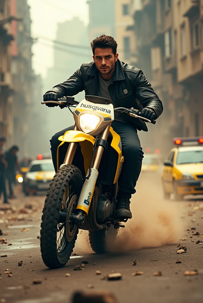 Un beau garçon conduit un moto cross husqvarna dans la rue en plein guerre civile . Il est poursuivi par venum et des policiers