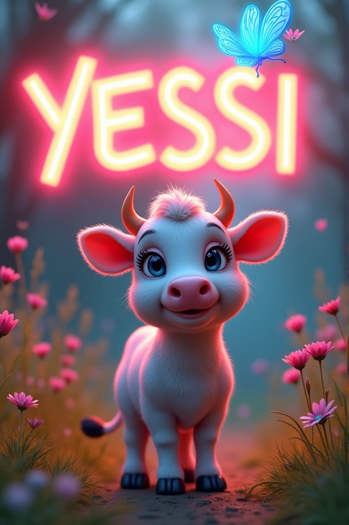 A cute little cow and the name Yessi in fluorescent letters and a blue butterfly in cursive
