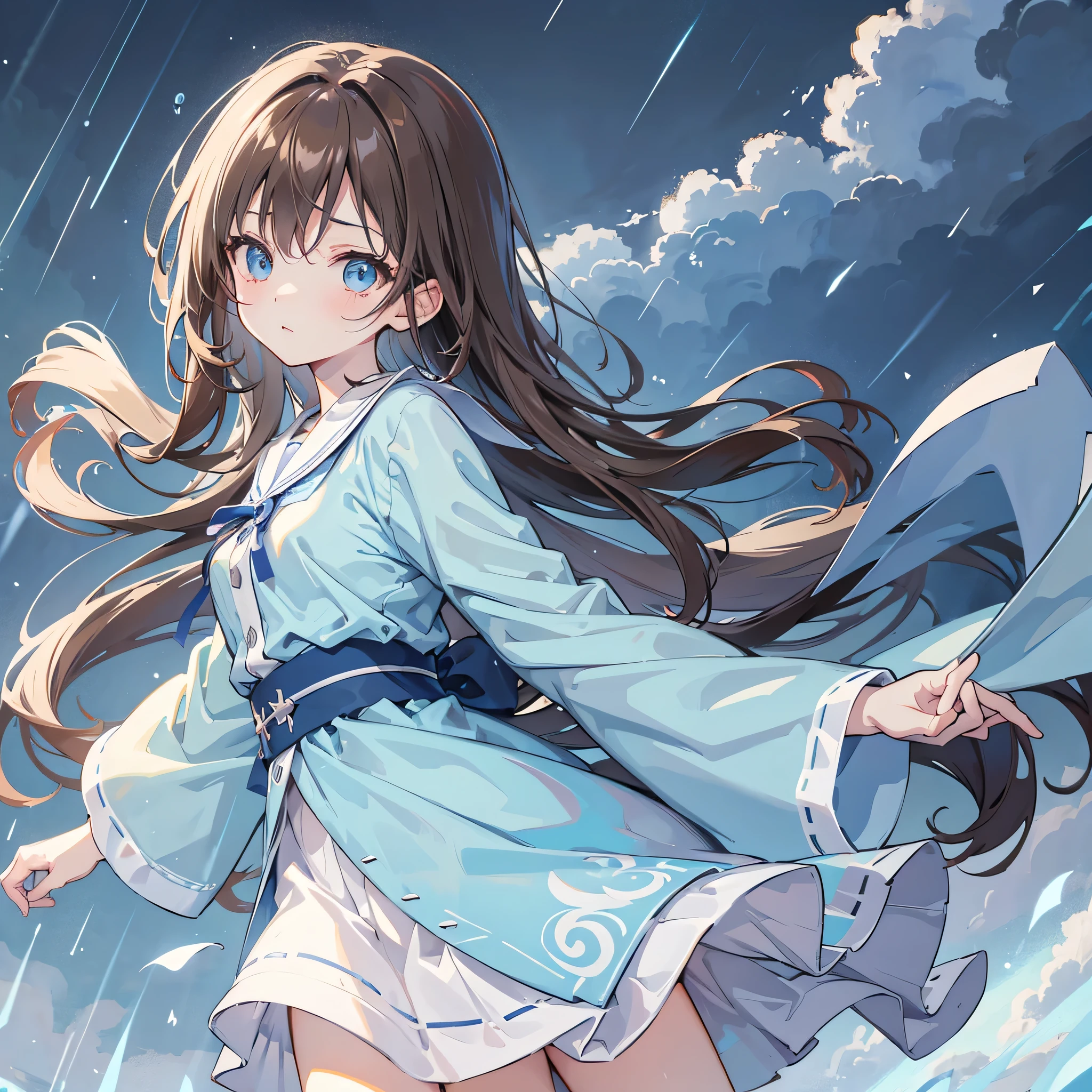 kawaii, anime, Cute, hyper quality, highly detailed, 8k, Clarity, Draw facial expressions in detail, light blue eyes, brown hair, half up, highlight on eyes, rain clouds in the sky, thunder, draw the whole body, hair fluttering, light shines, Shige expression, in the heavy rain, strong wind, leaves dancing, in the storm, grassland, upward glance, 	