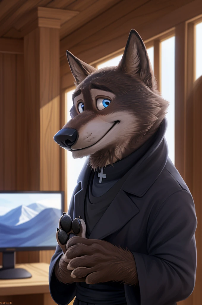Larry (Zootopia), young wolf, gray fur, (brown body:1.3), beautiful blue eyes, Zootopia,black cassock, Catholic priest, Pope, pectoral cross black cassock, dog,wolf, detailed fur, Male, second, paw pads, claws, looks at the viewer, 5 fingers, paws, 4 toes, Houses, hall, children's room,
BREAK from nextel, for dating, by xenoforge, (difficult, high detail,digital photography, soft focus,close к камере, smile, positive, Good, mood, Houses, looks at the viewer, очень close к камере,Catholic priest,Houses сидит, television, hall, computer,
photorealism, realistic, photorealistic,digital style, subsurface scattering,очень close к камере идет очен,close,
masterpiece, Best quality, ultra realistic, 8 thousand.)