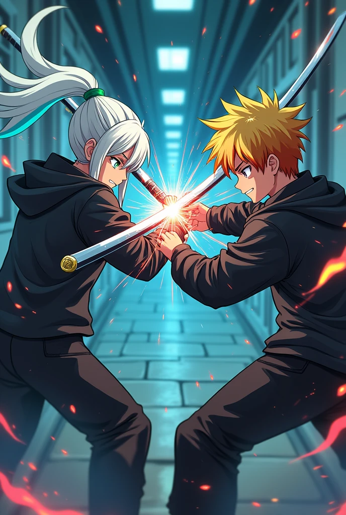 Creates two agers in a fight with each other using katana swords, wearing black cyberpunk clothing, one of them with long white hair with a turquoise tip, styled in a ponytail, and the other boy with short yellow hair with red highlights and dark clothing set in an underground facility giving off energy from his katanas. Anime style