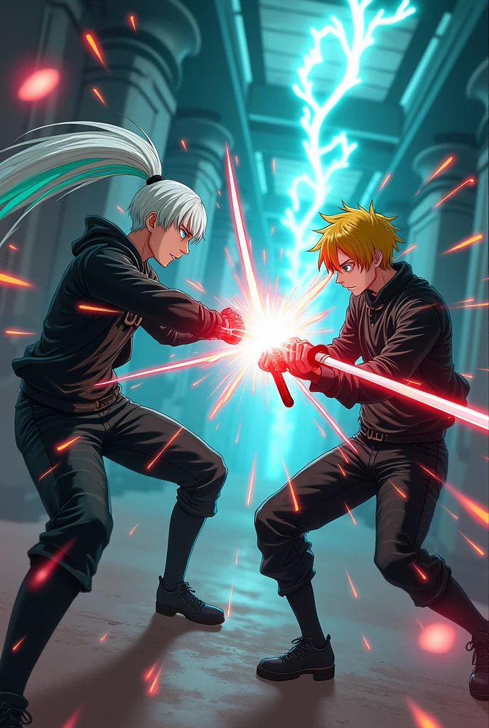 Creates two teenagers in a fight with each other using katana swords, wearing black cyberpunk clothing, one of them with long white hair with a turquoise tip, styled in a ponytail, and the other boy with short yellow hair with red highlights and dark clothing set in an underground facility giving off energy from his katanas. Anime style