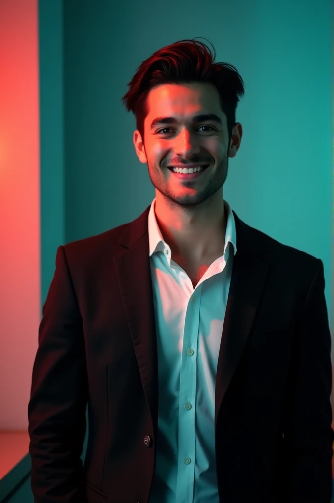 A young man with dark hair and a confident smile. He is dressed in a black blazer over a white shirt. The man is positioned against aqua colour backdrop with a subtle red lighting on the left side. and he posing for Linkedin profile