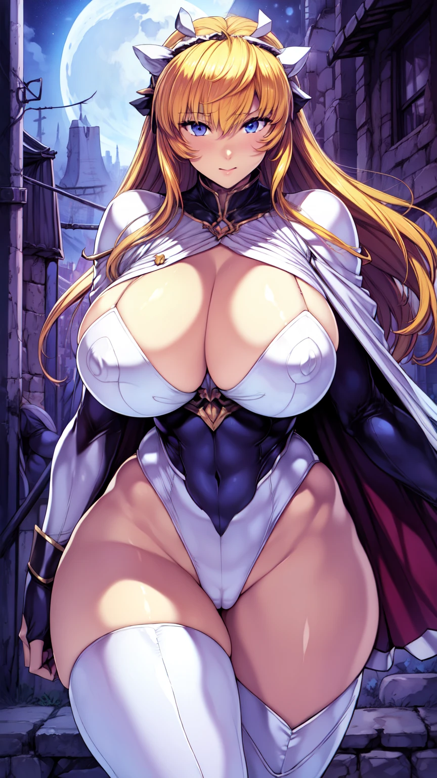 masterpiece, Highest quality,Hero Suit、 White leotard, Are standing, View your viewers, Blonde Long Hair, Superhero, boots、Cape,(Shiny skin:1.5、Cleavage、Are standing、Combat Ready、Huge wide breasts、Cameltoe)、from the front、Big city at night、moon、Dynamic Pose、Dynamic Action